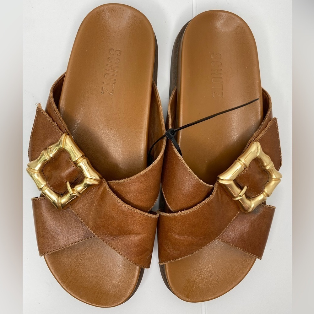 Schutz Enola Crossed Flat Women's Brown Slide Sandals with Gold Buckle